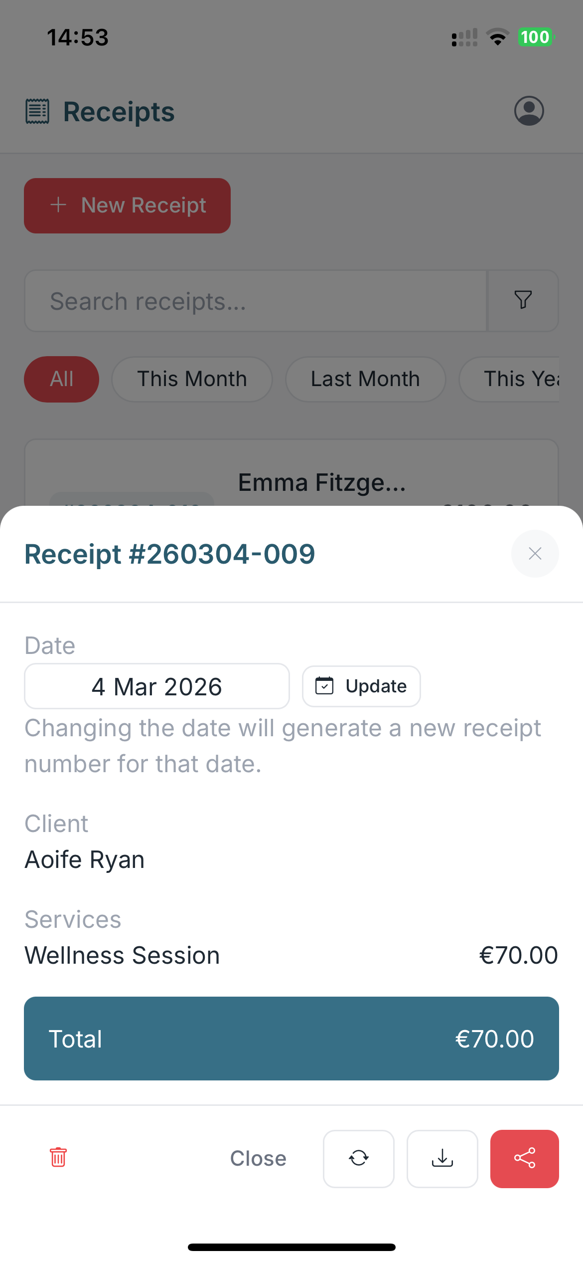 ReceiptLog service selection - choosing from your saved services and prices when creating a new receipt