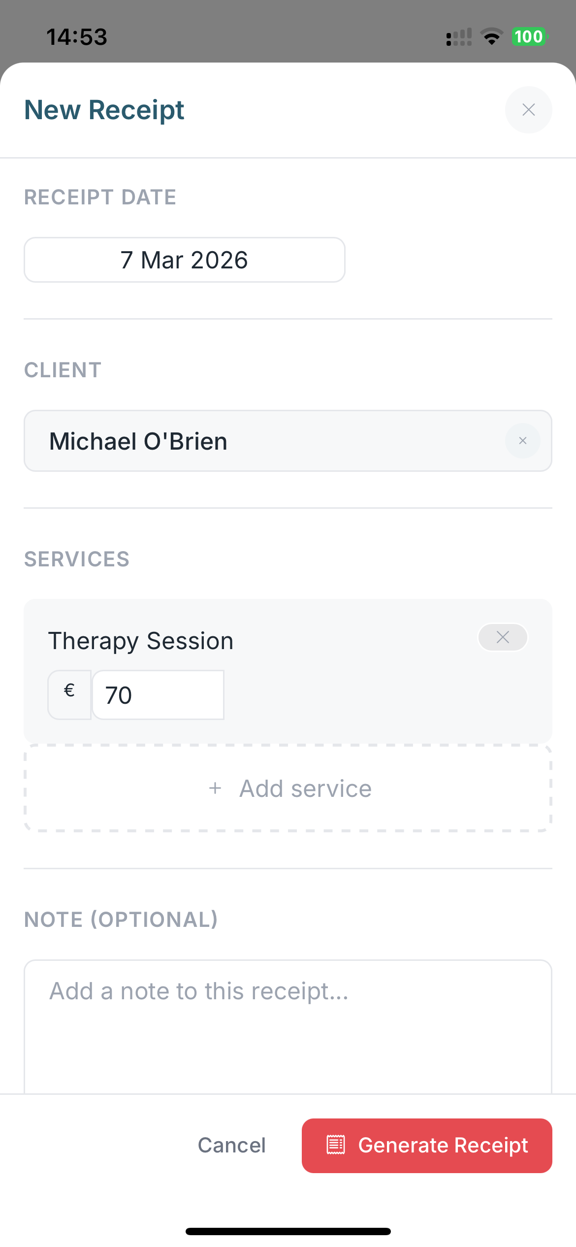 ReceiptLog receipt preview - viewing a completed branded PDF receipt before sending to client by email