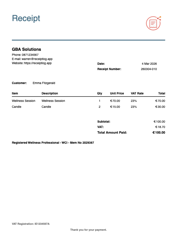 Sample VAT receipt from ReceiptLog free receipt app - showing quantities, unit prices, VAT rates per item, subtotal, VAT amount breakdown, total including VAT, and VAT registration number. Professional receipt example for VAT-registered businesses.