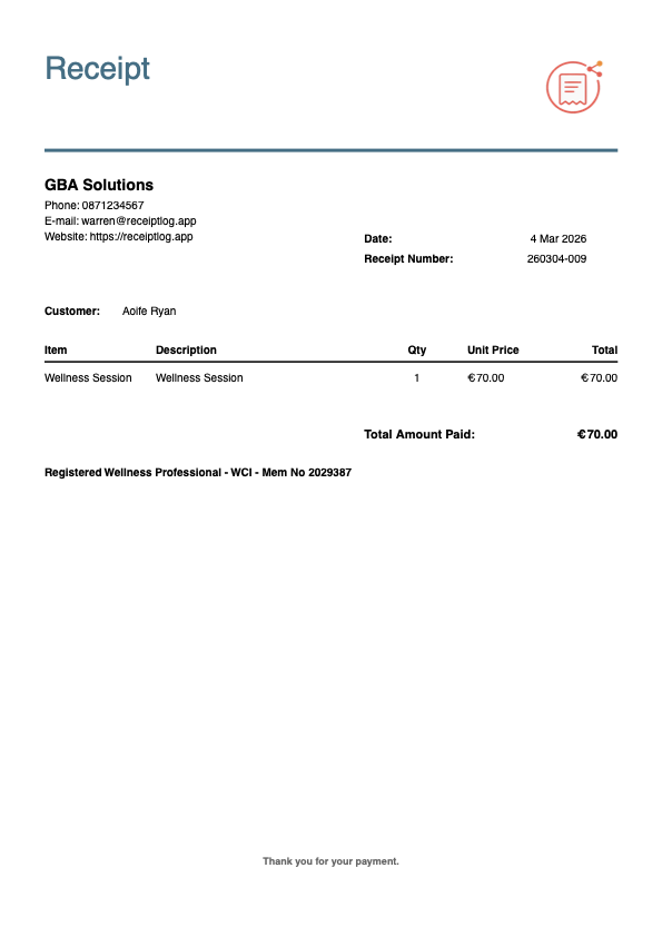 Sample professional PDF receipt from ReceiptLog free receipt app - showing branded header with logo, business details, client name, services with prices, total amount, and custom footer. Perfect example for sole traders, therapists, and small business owners.